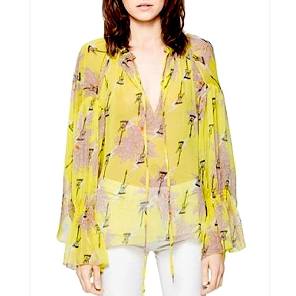 ZADIG & VOLTAIRE women’s Talisa Blossom Blouse sheer chiffon yellow Citron top S - Picture 3 of 8